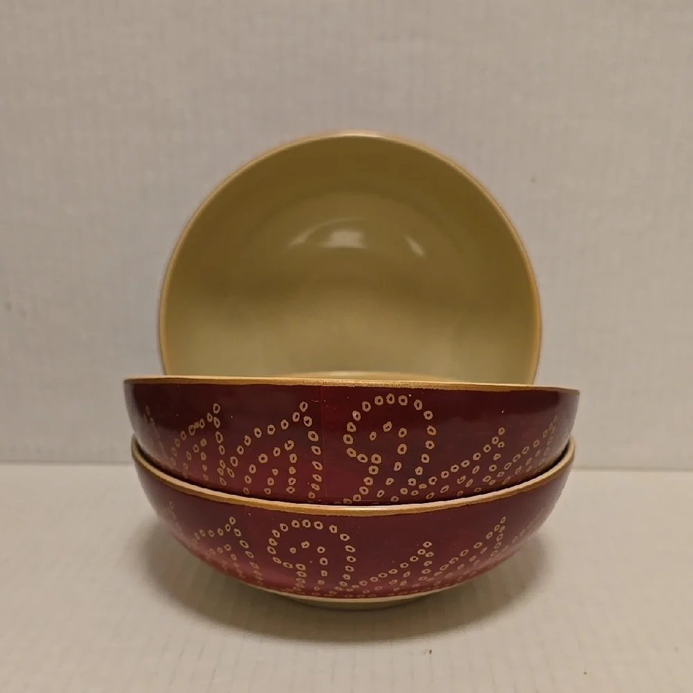 Set of 3 Elegant Pier 1 Red and Cream Ceramic Bowls